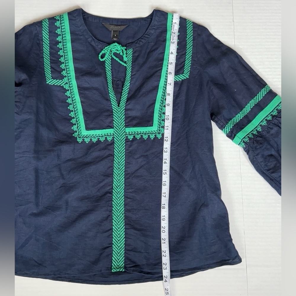 J. Crew Navy Blue Peasant Blouse with Green Embroidery - Picture 11 of 12